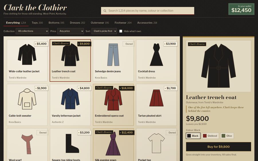Clark the Clothier in-game shop with a catalogue of coats and prices